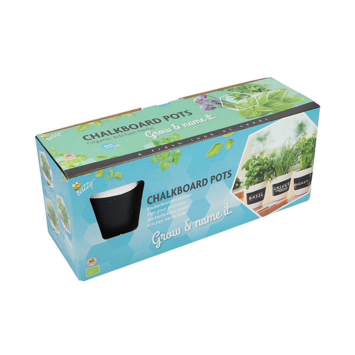 Pakke med krukker med tavlefelt til krydderurter