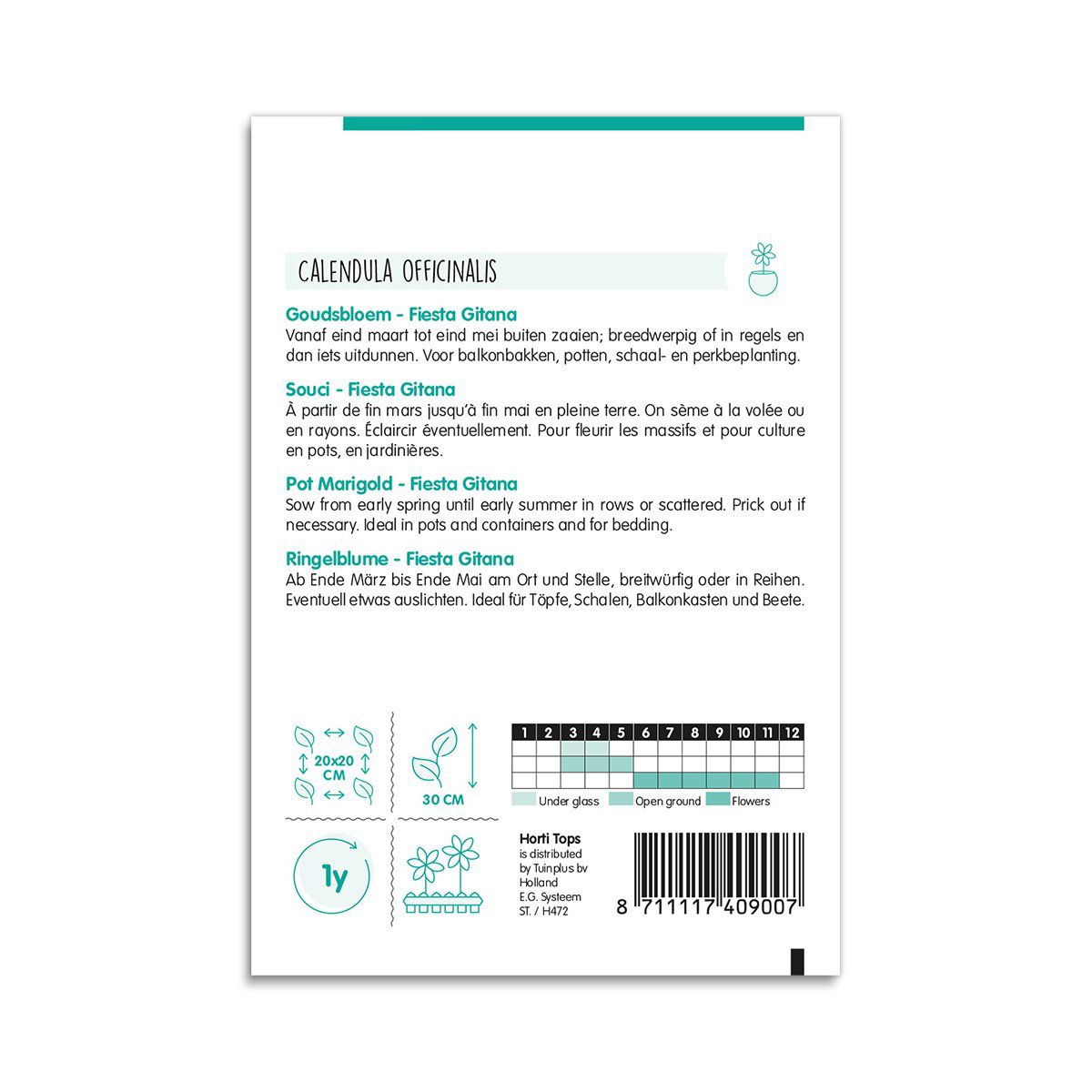 Bagside af frøpose til Calendula Fiesta Gitana