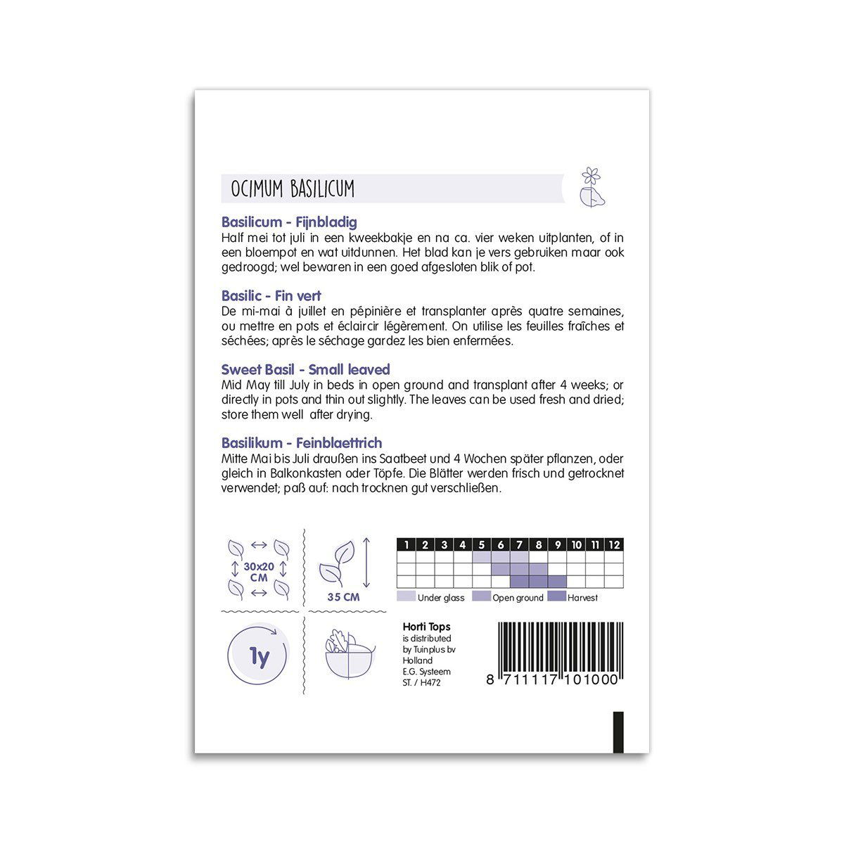 Bagside af frøpose til småbladet sød basilikum