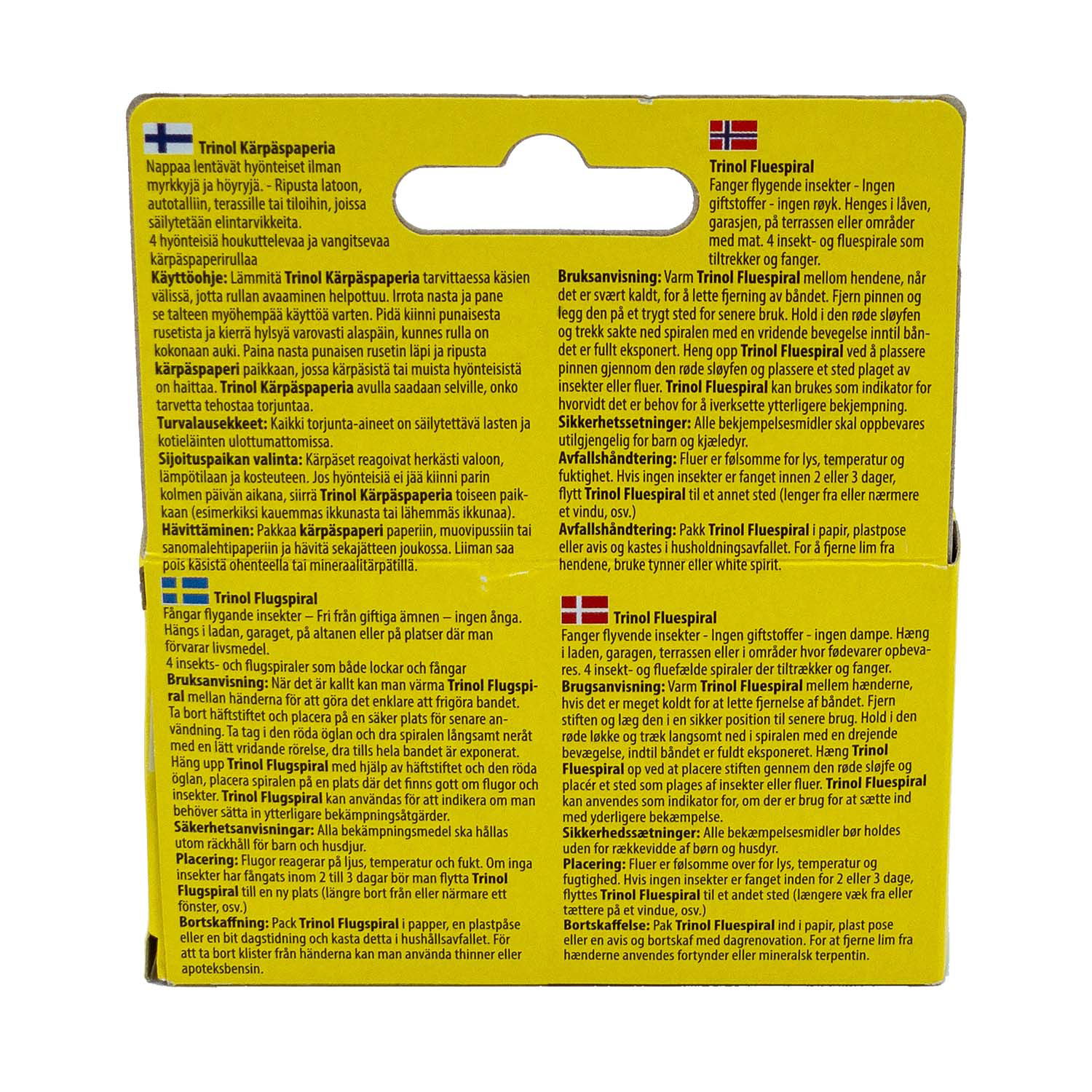 Trinol fluespiral pakke med brugsanvisning på bagsiden