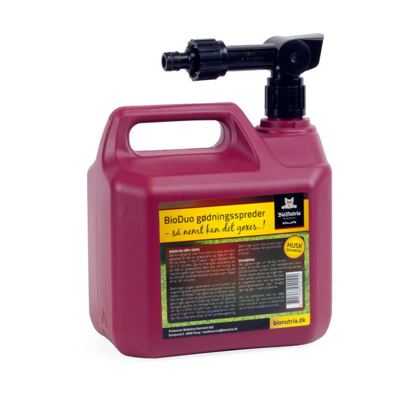 Rød BioDuo gødningsspreder dunk med dyse 5L