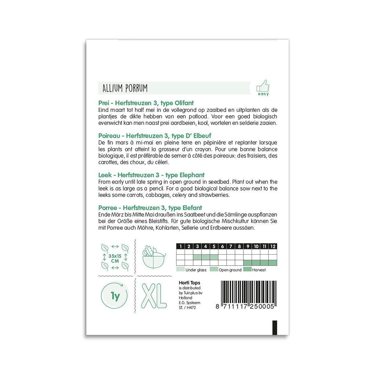 Bagside af pose med porrefrø Allium porrum Elephant