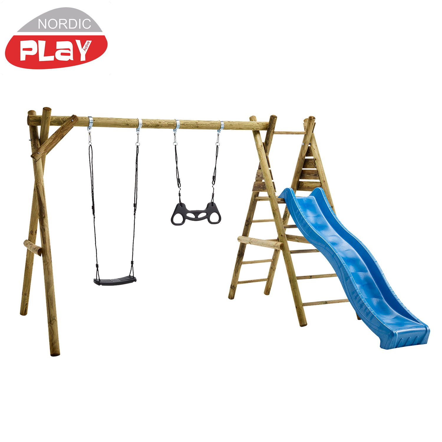 Nordic Play Active Gyngestativ 240 Med Platform Sort Gynge Sort Trapez Inkl Blå Rutsjebane