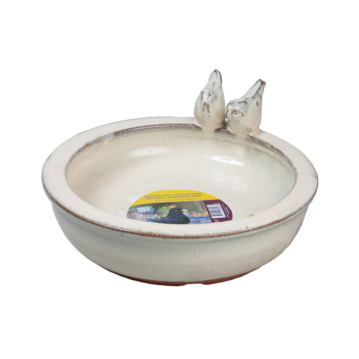 Rundt keramisk fuglebad med to fugle på kanten