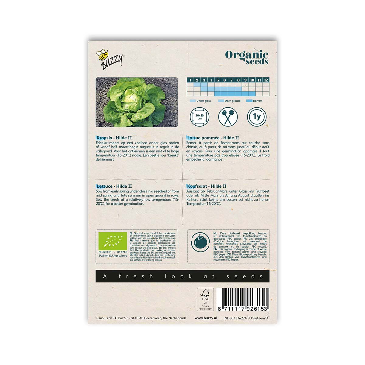 Bagside af pose med økologiske Hilde II salatfrø