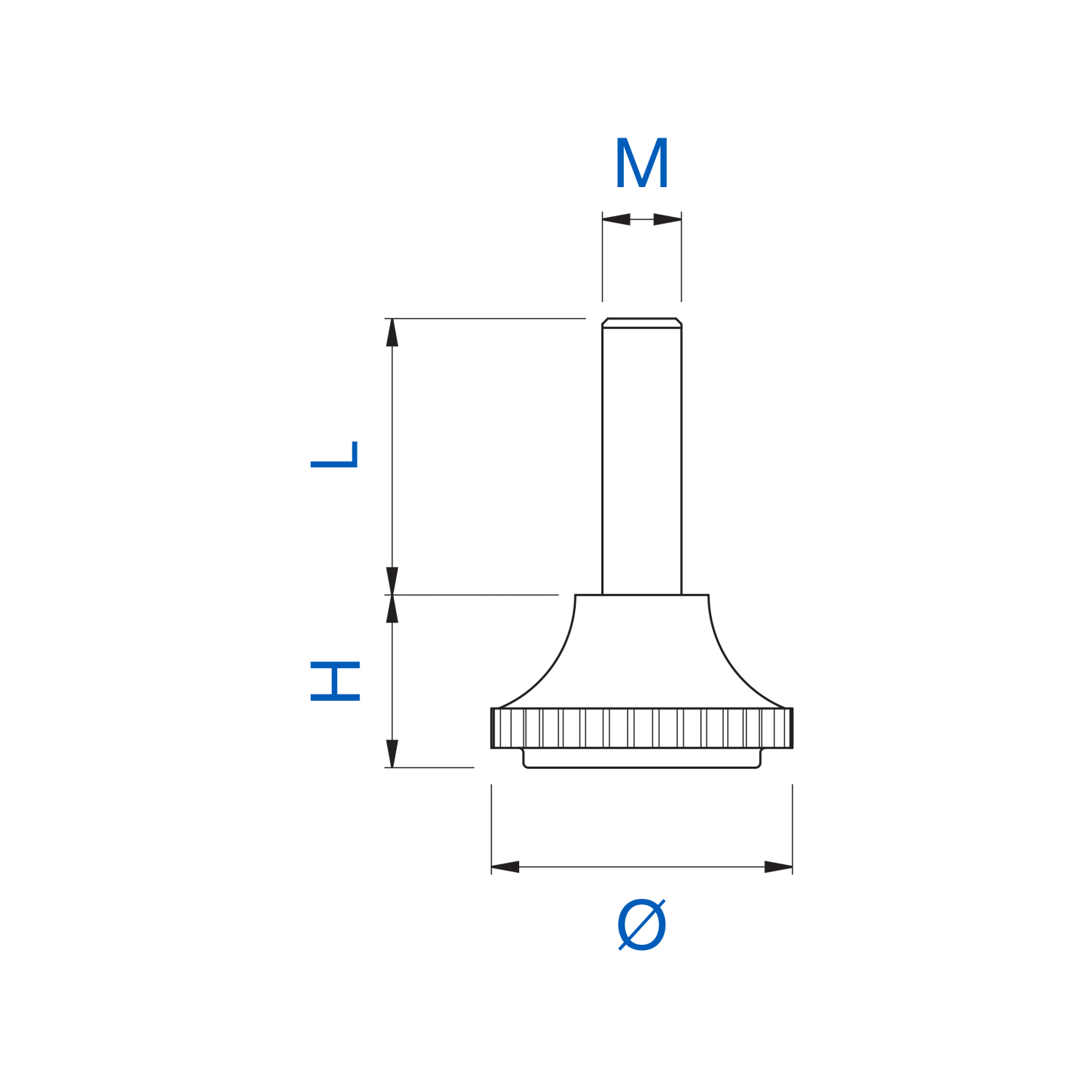 Tegning med mål af rund justerbar maskinskruefod