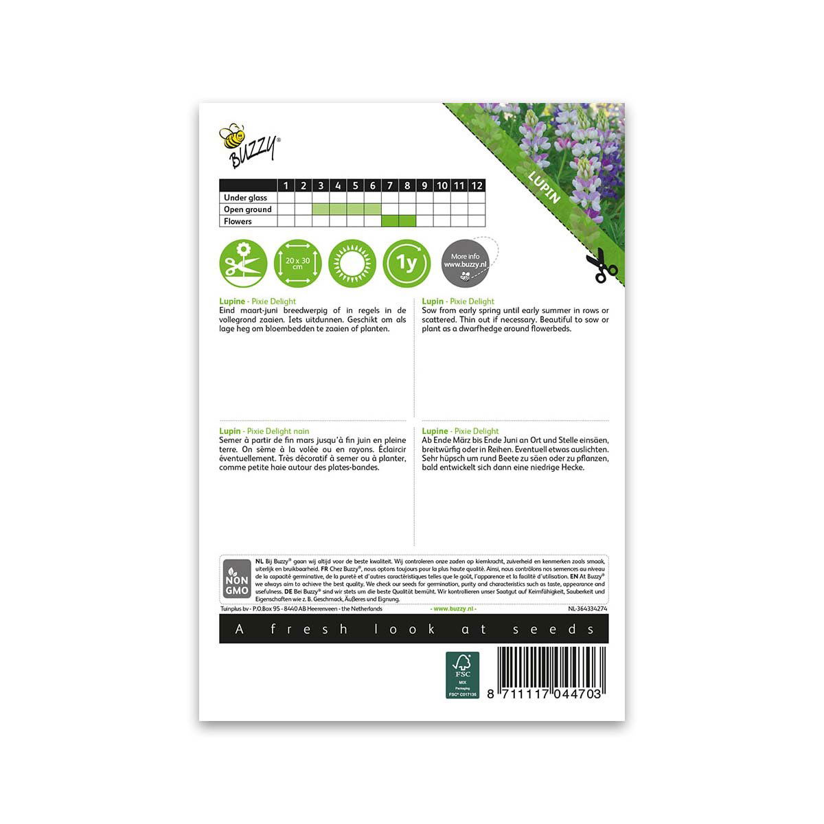 Bagside af Lupin Pixie Delight blomsterfrøpose