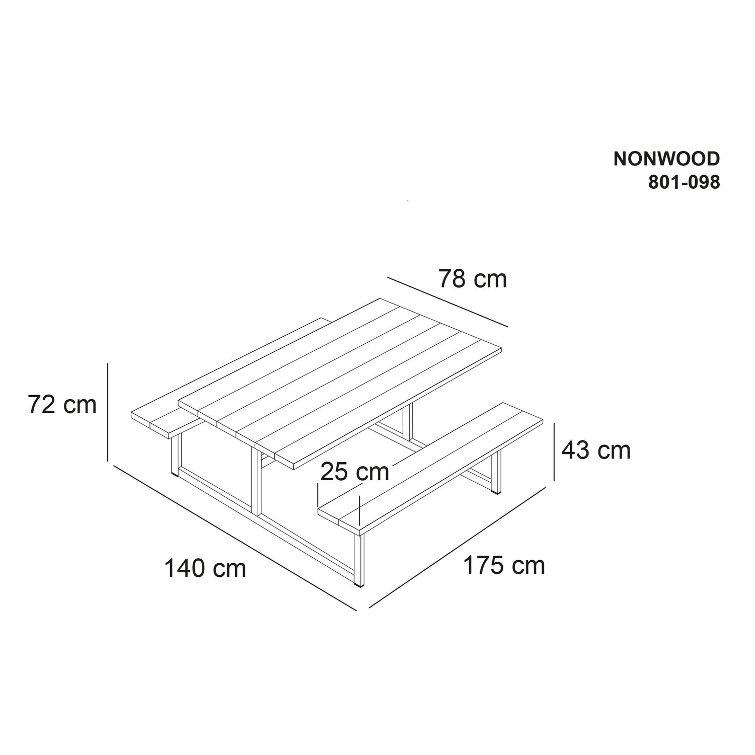 Tegning af nonwood picnicbord med bænk og mål
