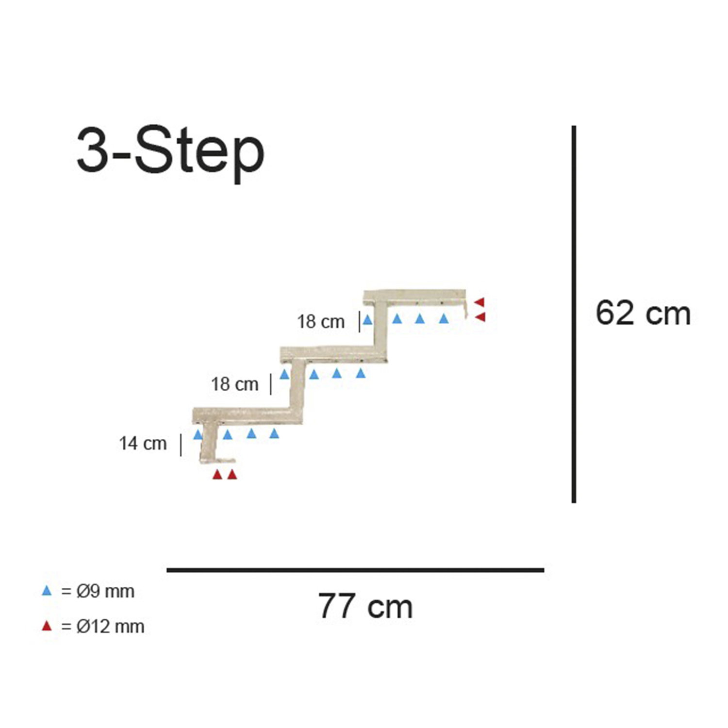 3-trins trappe, mål 77x62 cm Diagram af 3-trins trappe, højde 62 cm, længde 77 cm
