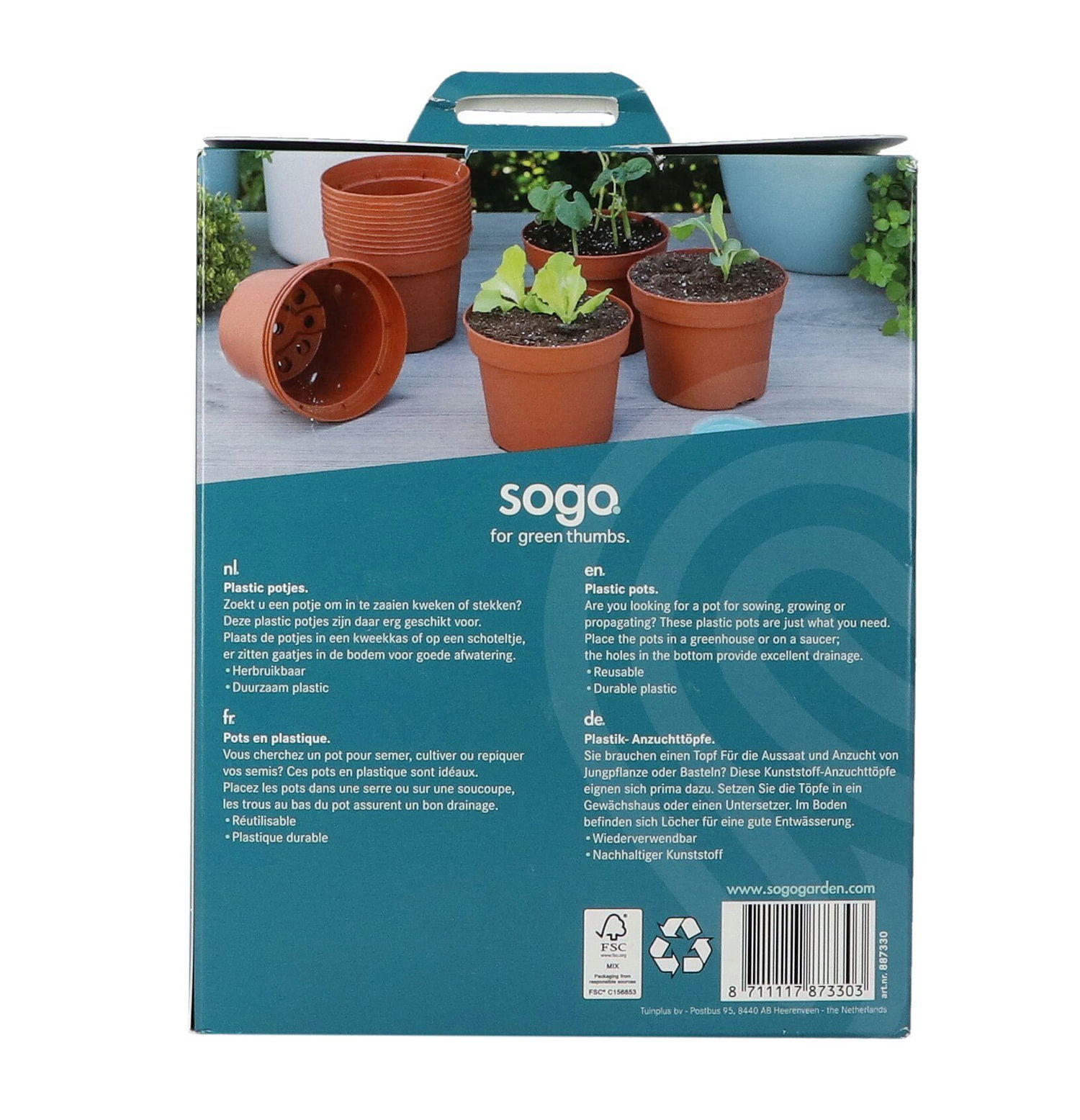 Pakke med Sogo plastpotter til planter og frø