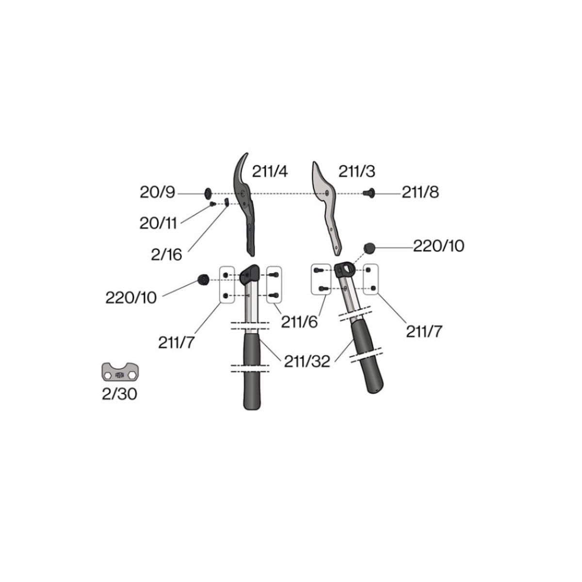 Eksploderet tegning af reservedele til beskæresaks