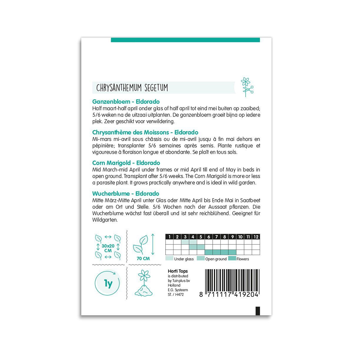 Bagside af frøpose til Chrysanthemum segetum Eldorado