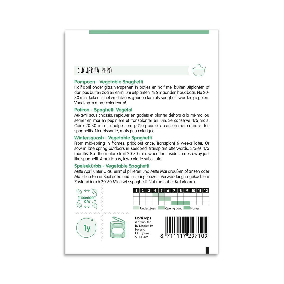 Bagside af frøpose til spaghettigræskar med dyrkningsvejledn