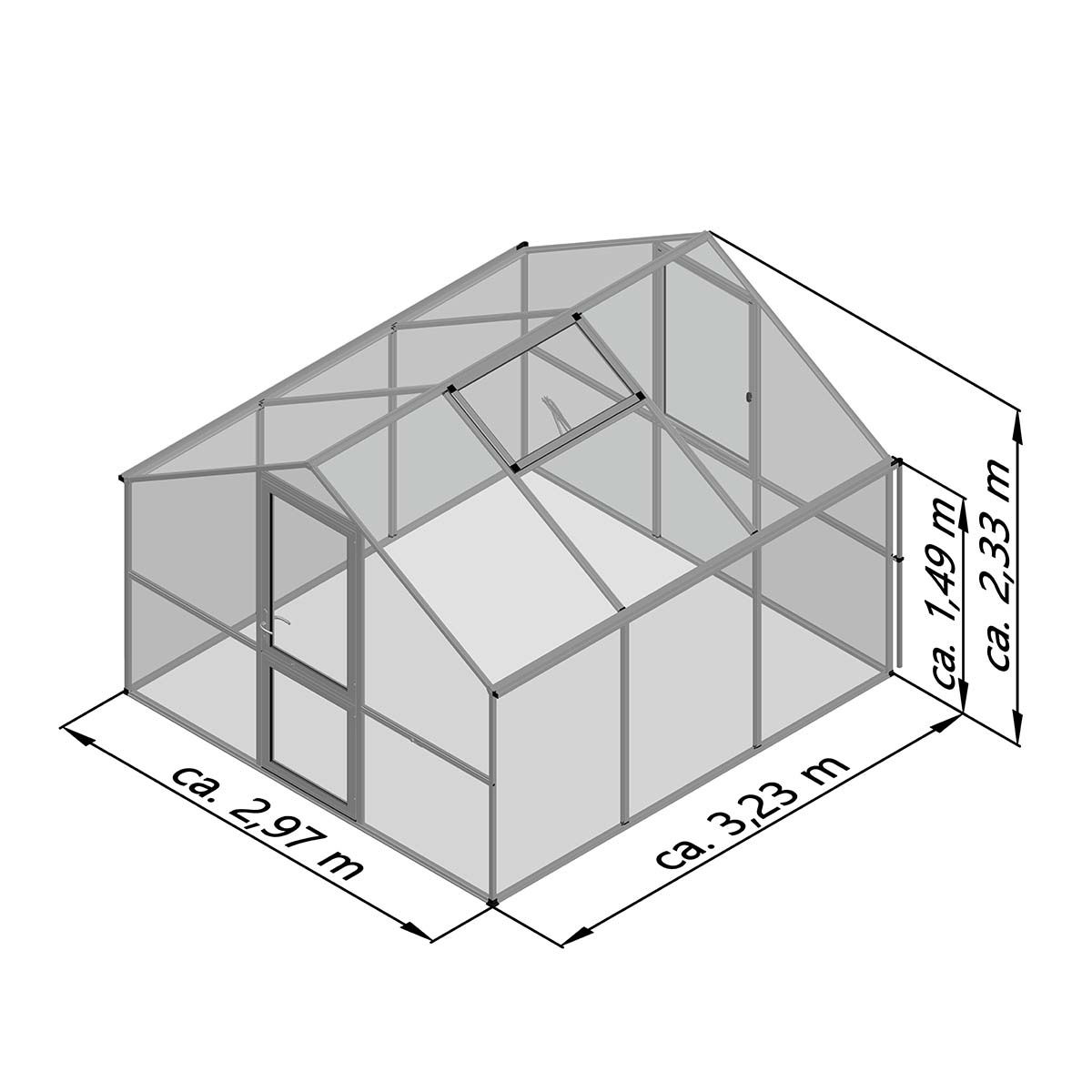 Tegning af drivhus 2,97 x 3,23 x 2,33 m