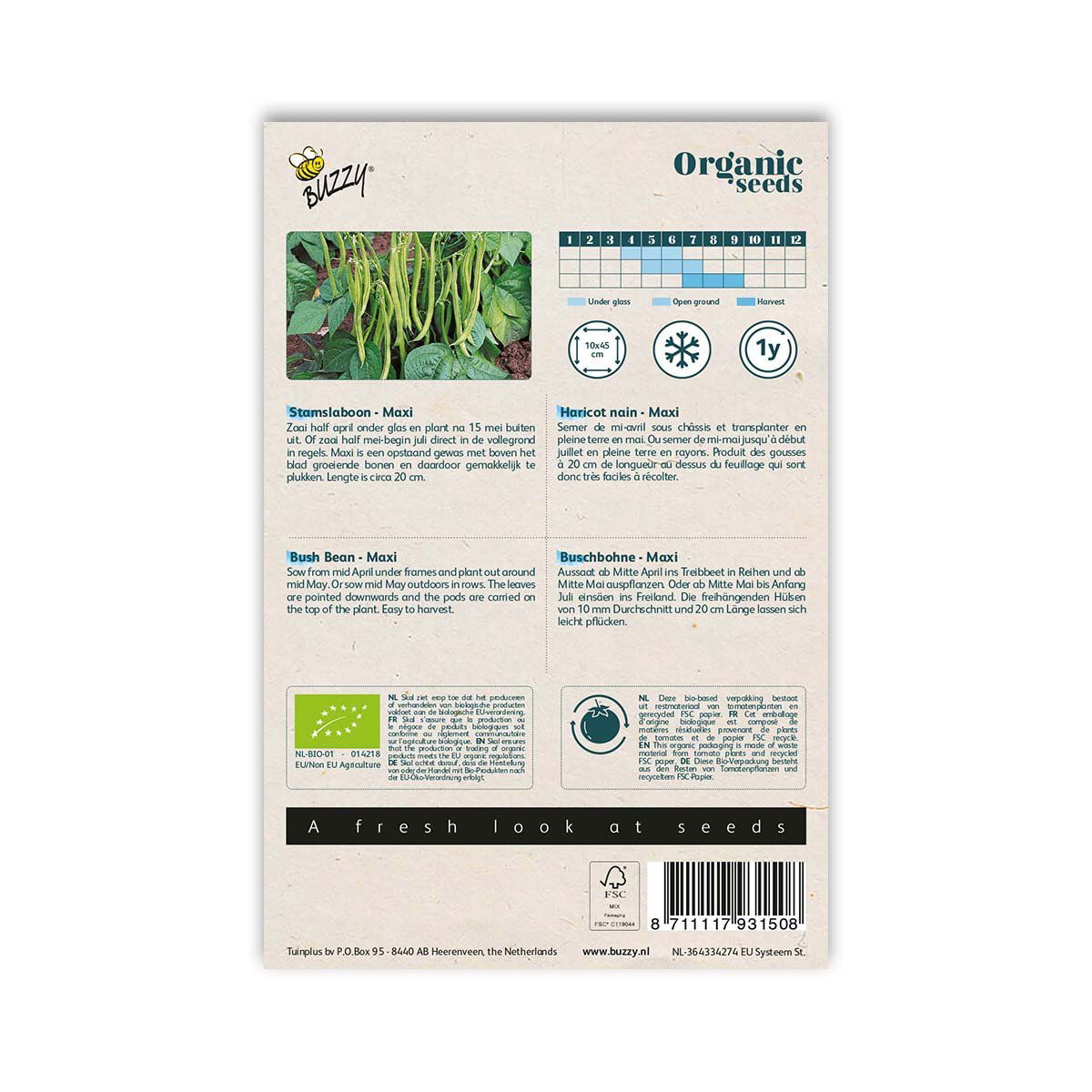 Bagside af pose med økologiske buskbønnefrø Maxi