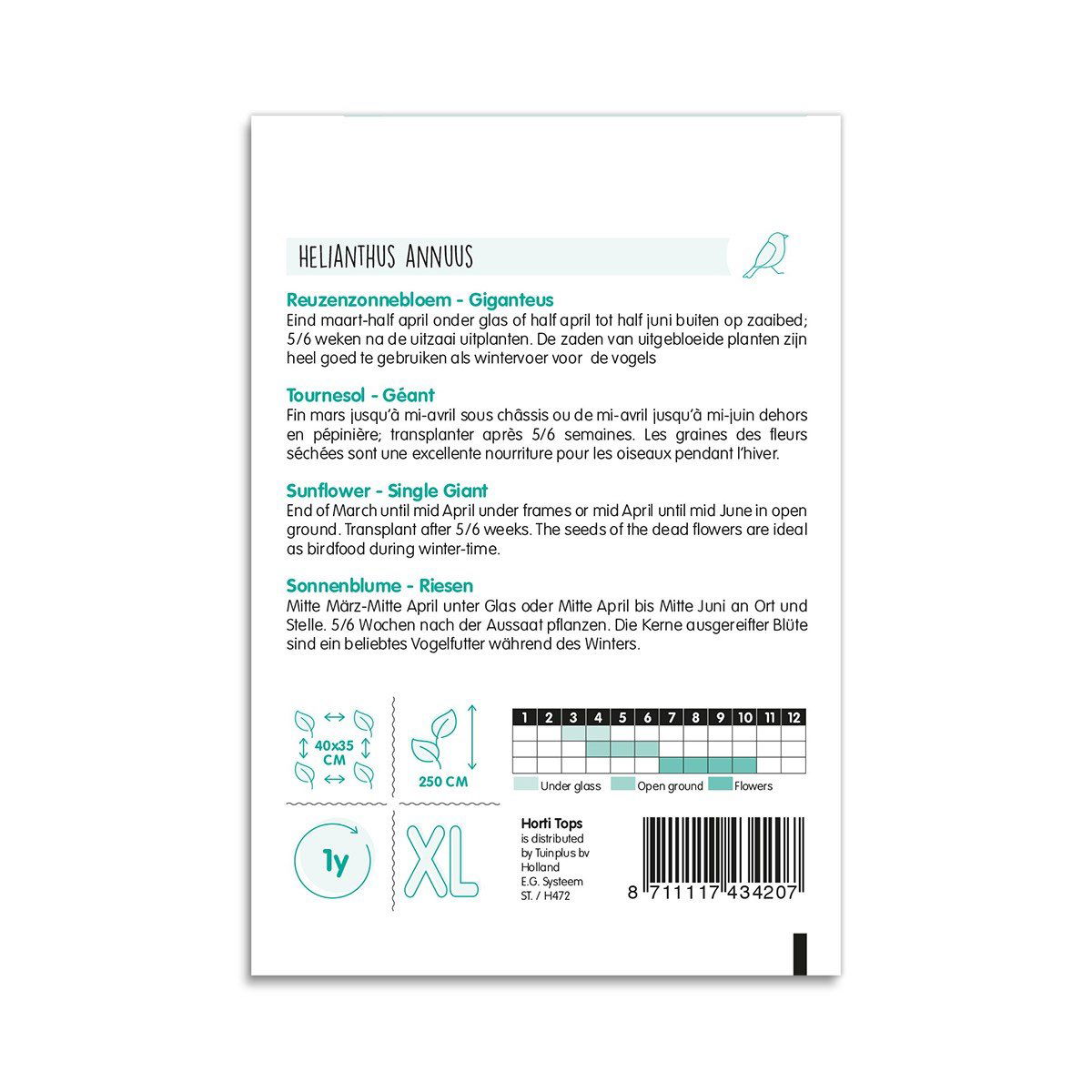 Bagside af pose med solsikkefrø Helianthus annuus