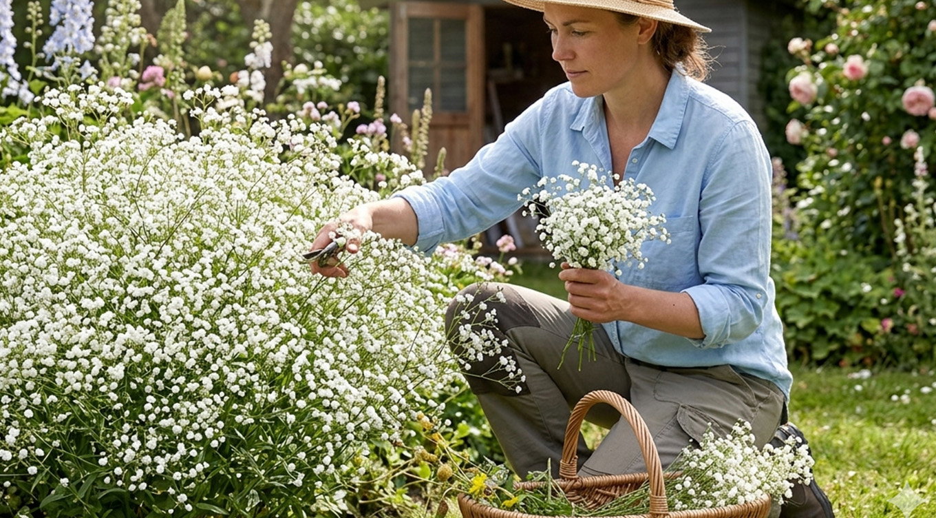 Nærbillede af kvinde i stråhat, der klipper og samler buket af hvide brudeslør (gypsophila) ved en busk i en sommerhave, med en flettet kurv ved siden af