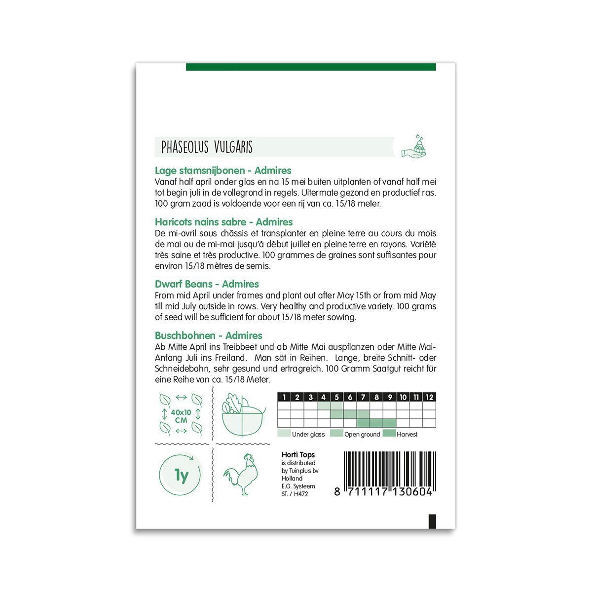 Bagside af frøpose til buskbønner Dwarf Beans Admires