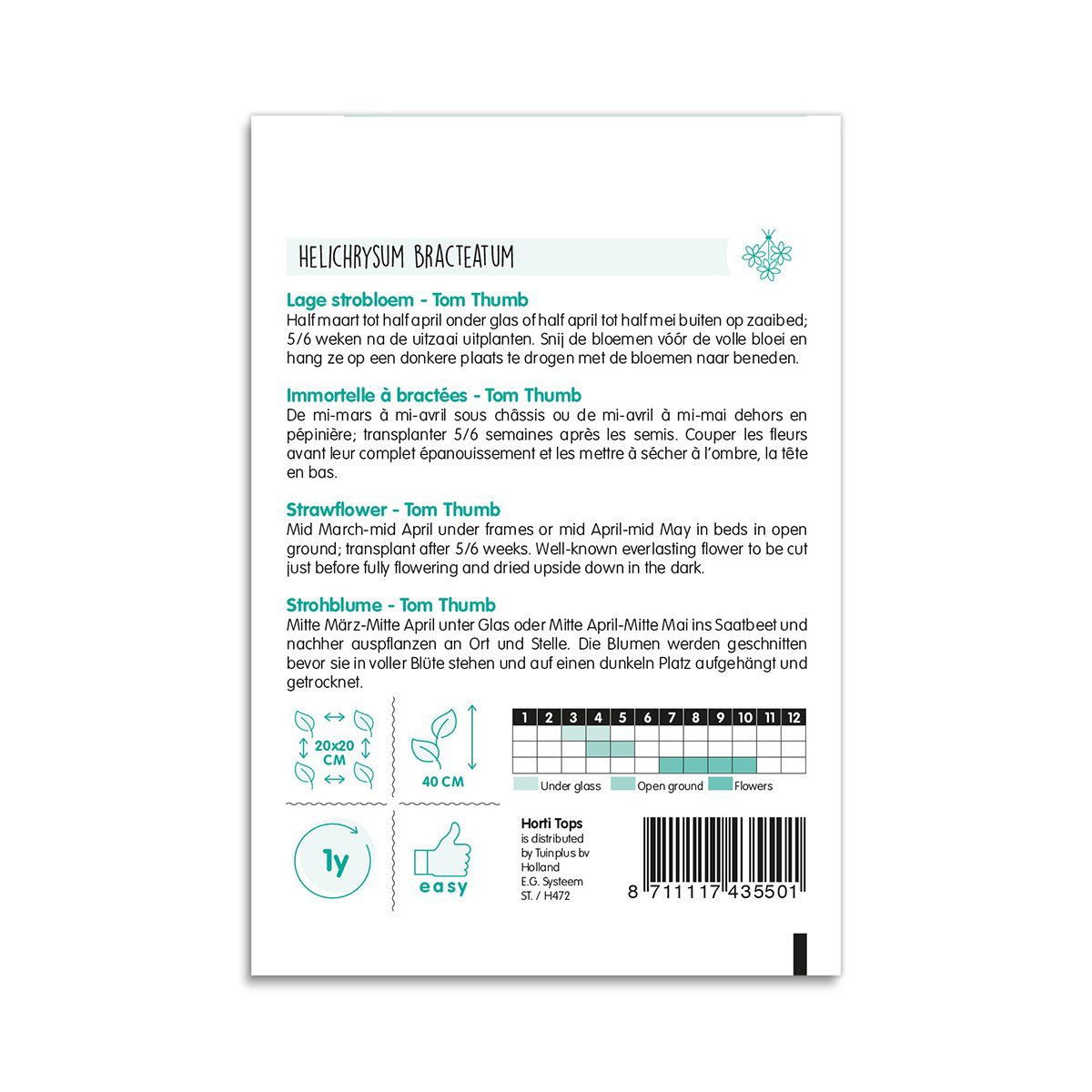 Bagside af frøpose Helichrysum bracteatum Tom Thumb