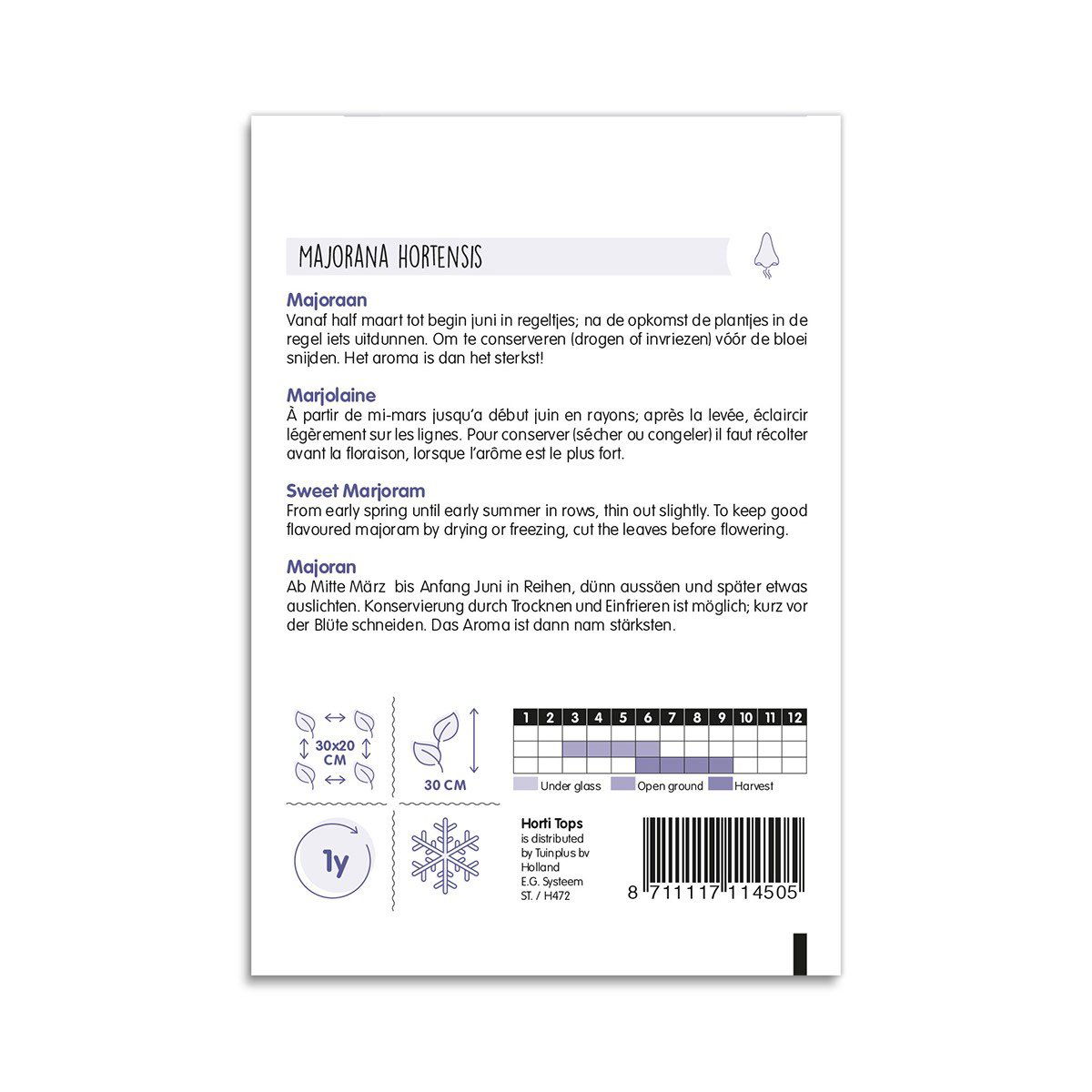 Bagside af frøpose til sød merian, dyrkningsvejledning på fl