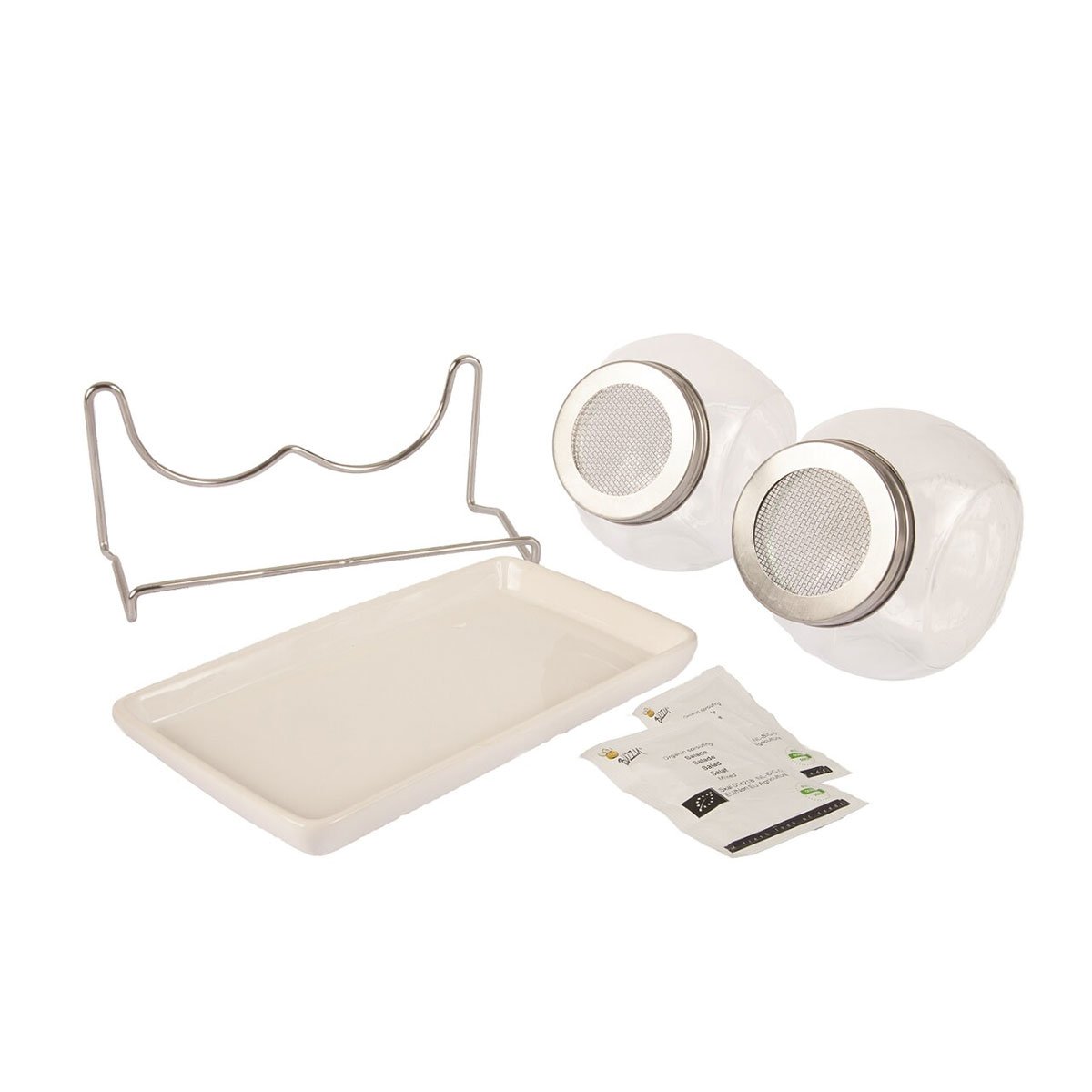 Sæt med to spireglas, bakke og metalholder