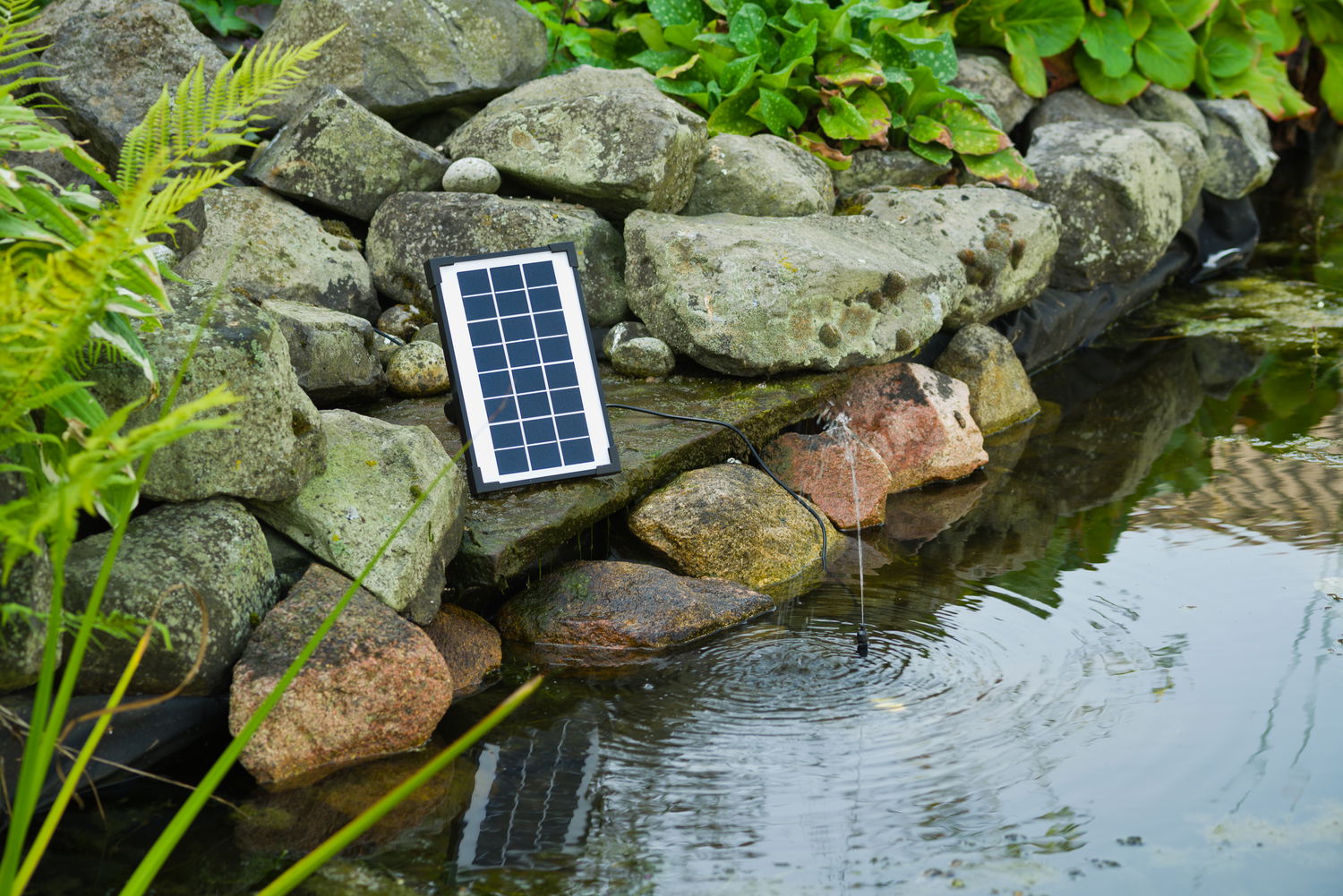Solcellepanel til lille pumpe i havedam ved sten