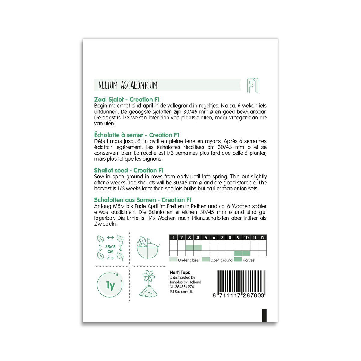 Bagside af pakke med skalotteløgfrø Creation F1