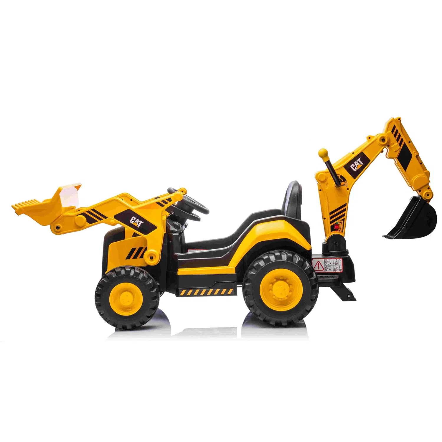 Gul CAT® el-rendegraver fra Nordic Play med frontskovl og bagarm, 2 x 10,8V motor, fjernbetjening, MP3-afspiller, lys og lyd – ideel til børn 3-6 år