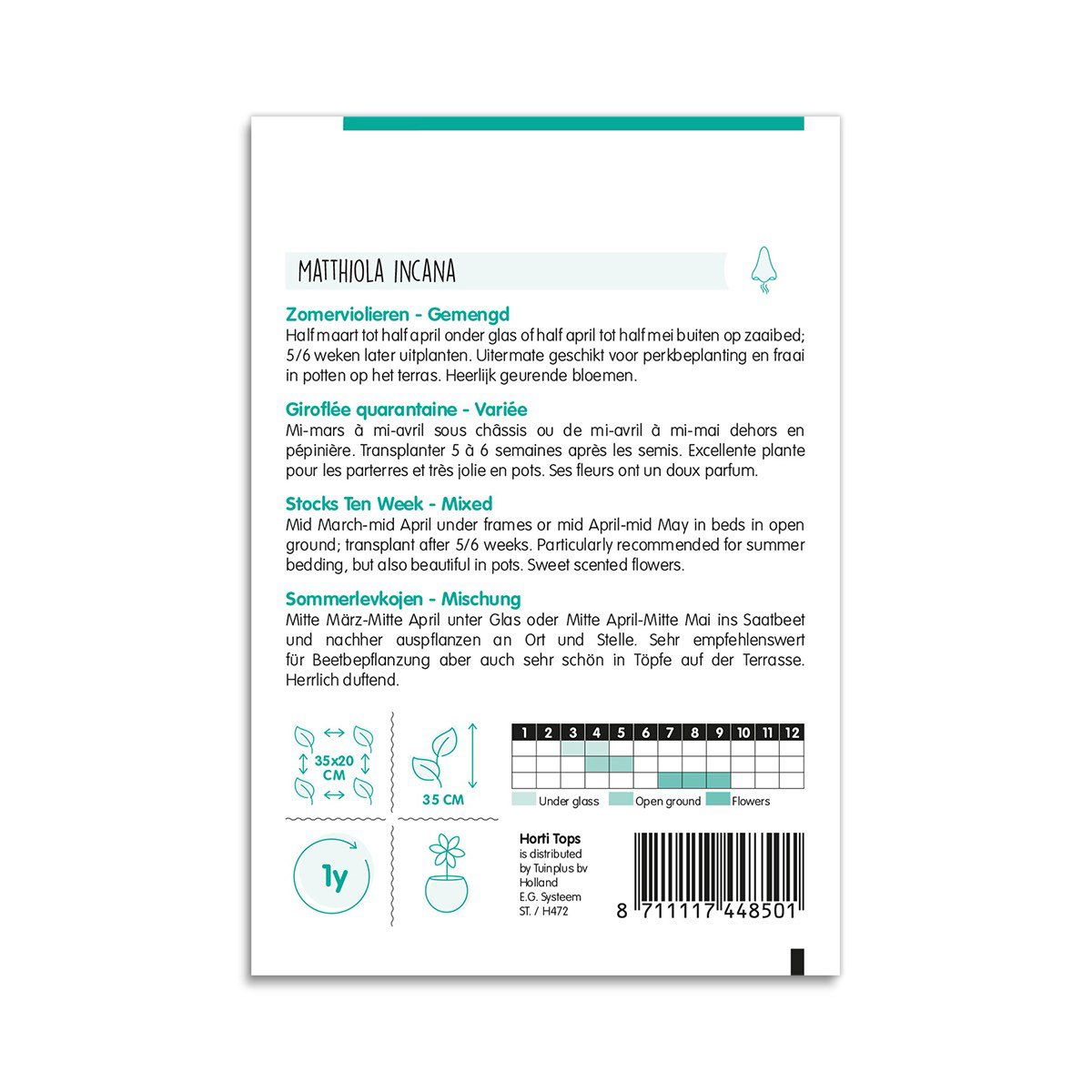 Bagside af Matthiola incana frøpose med såvejledning