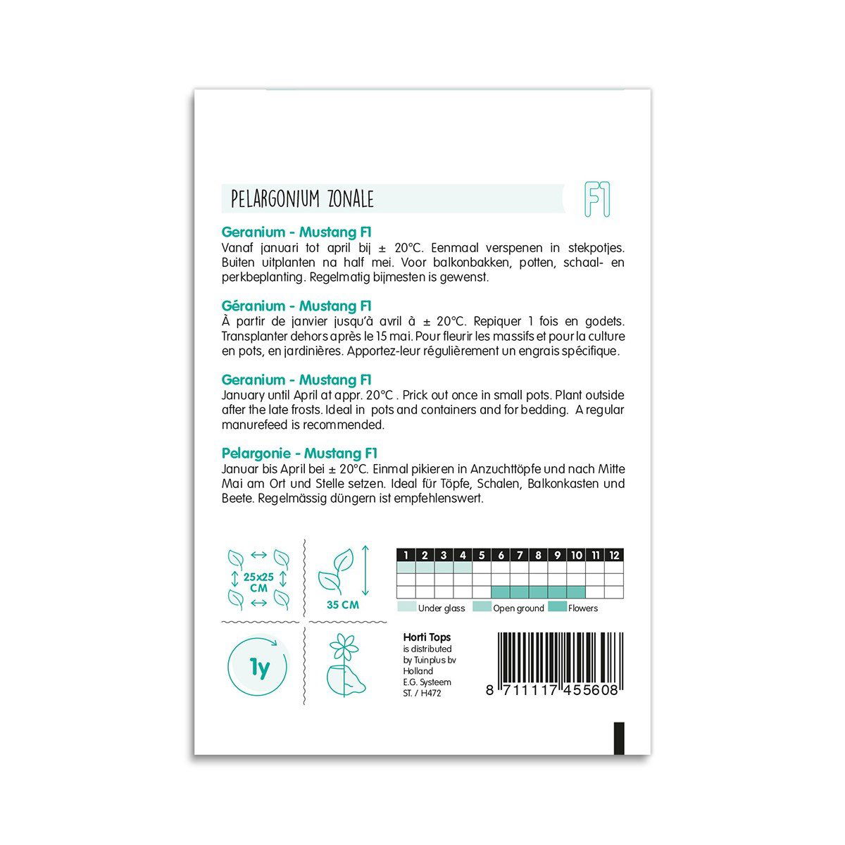 Bagside af frøpose til pelargonie Geranium Mustang F1
