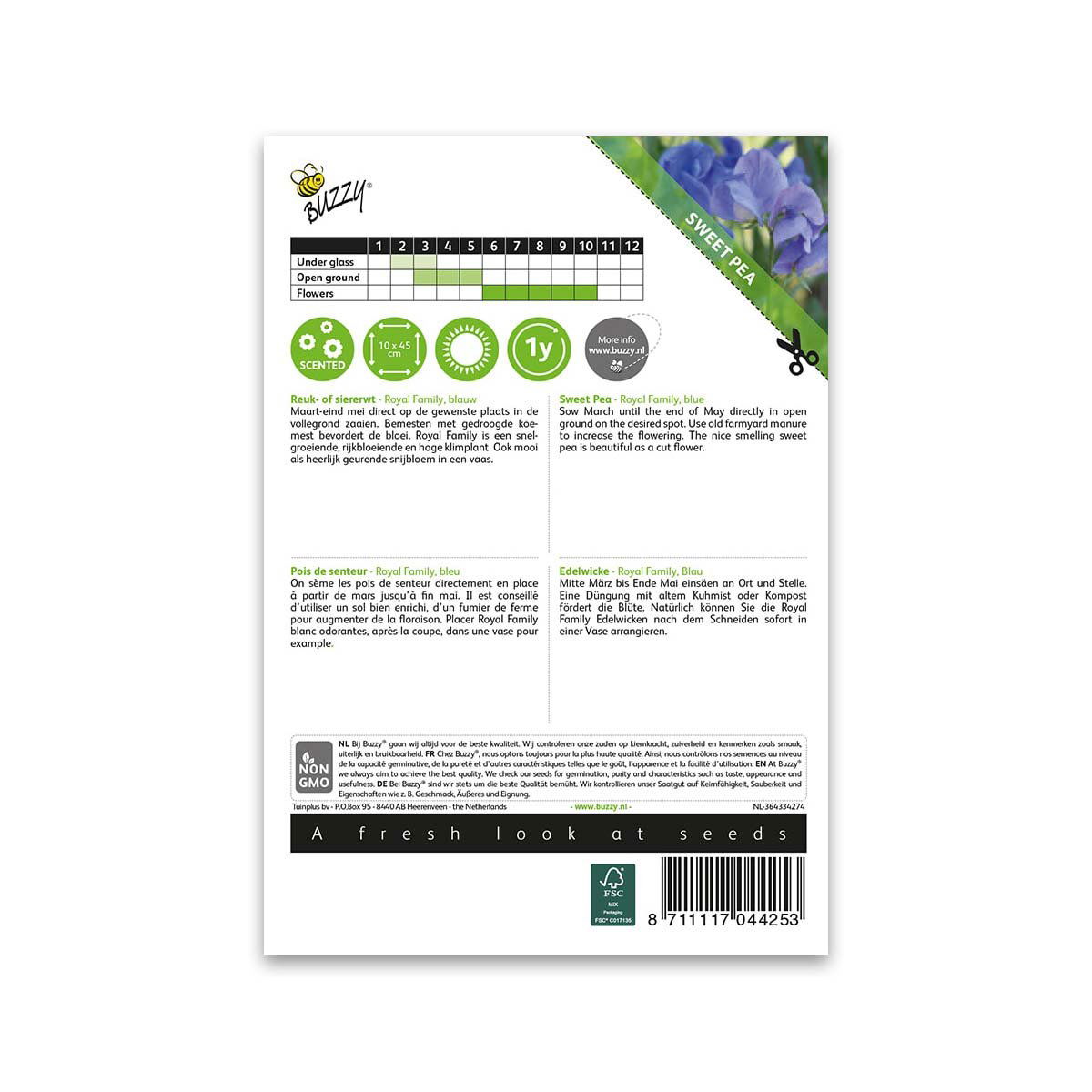 Bagside af Buzzy ærteblomst Royal Family blå frøpose