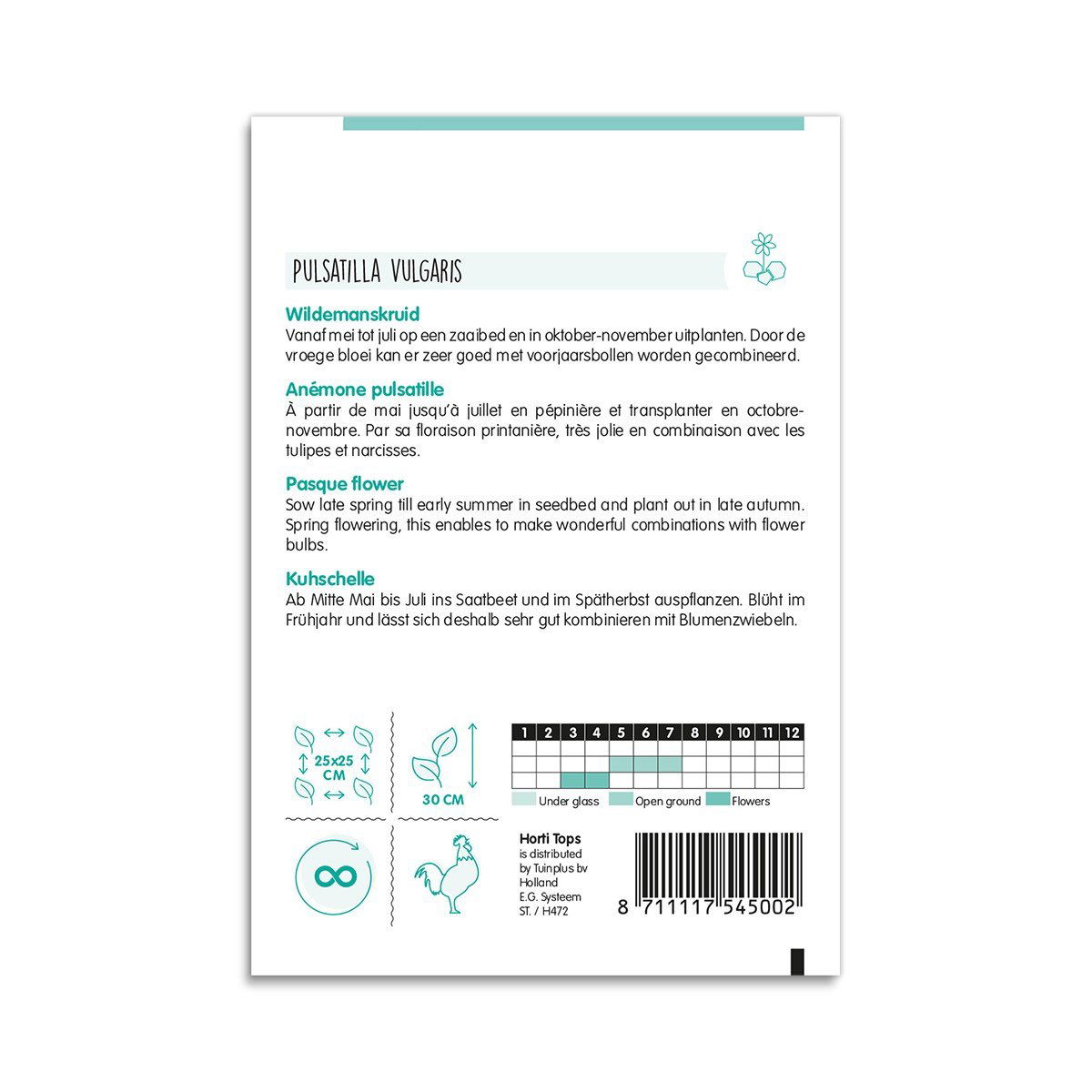 Bagside af Pulsatilla vulgaris blomsterfrø pose