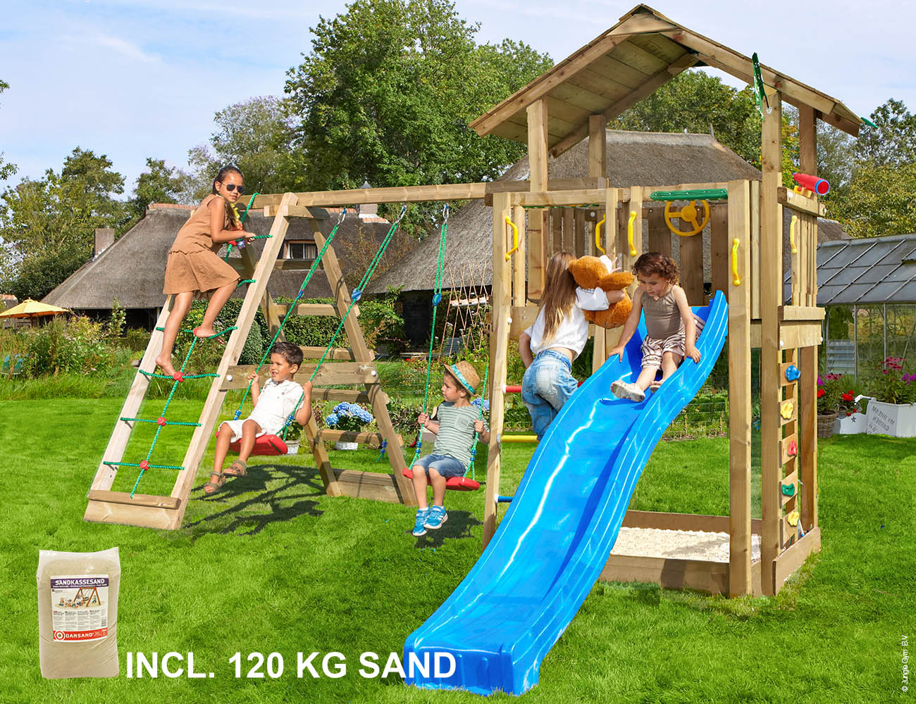 Legetårn Jungle Gym Chalet 2.1 m/2-Climb Module 220, blå rutschebane og 120 kg sand