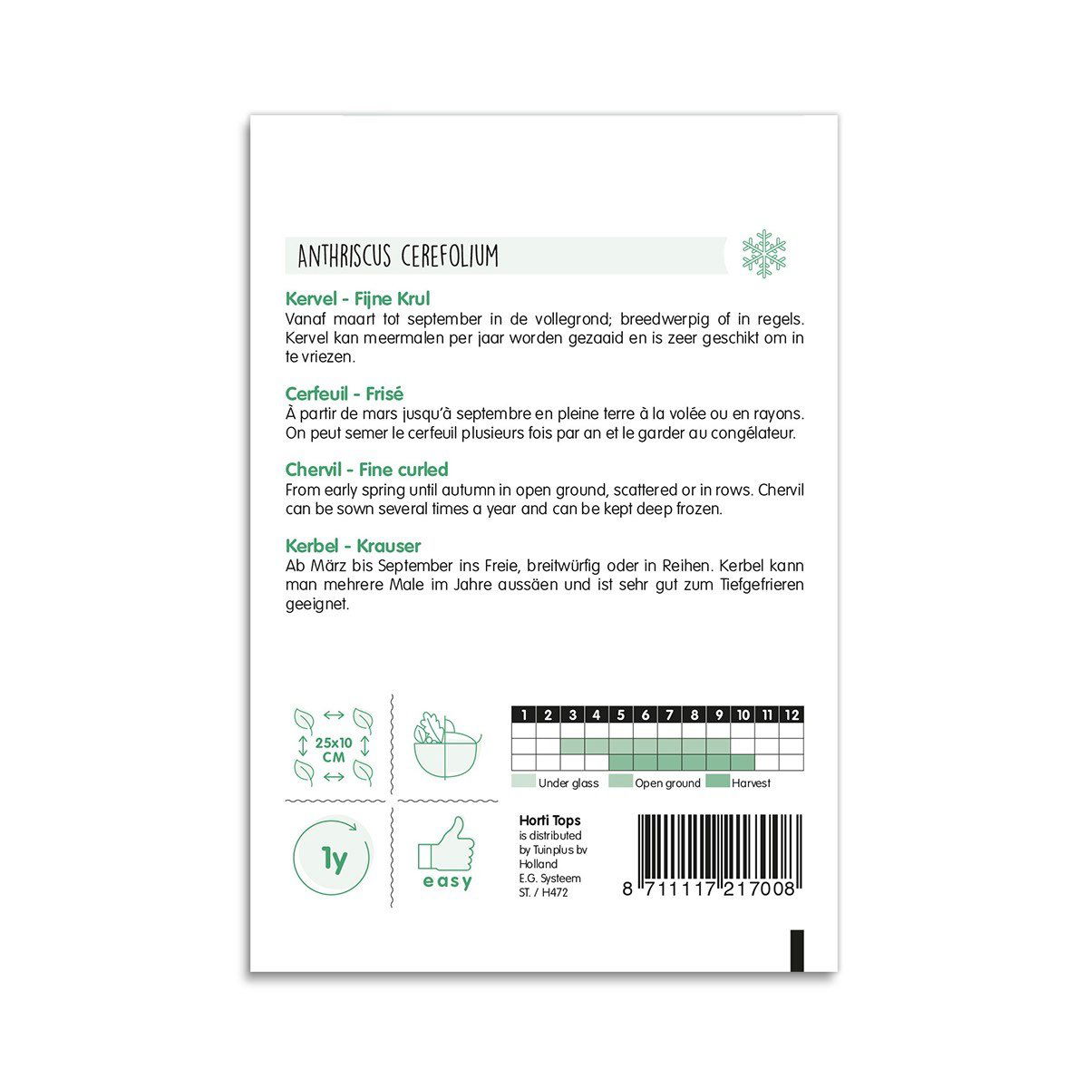 Bagside af frøpose til kruset kørvel Anthriscus cerefolium