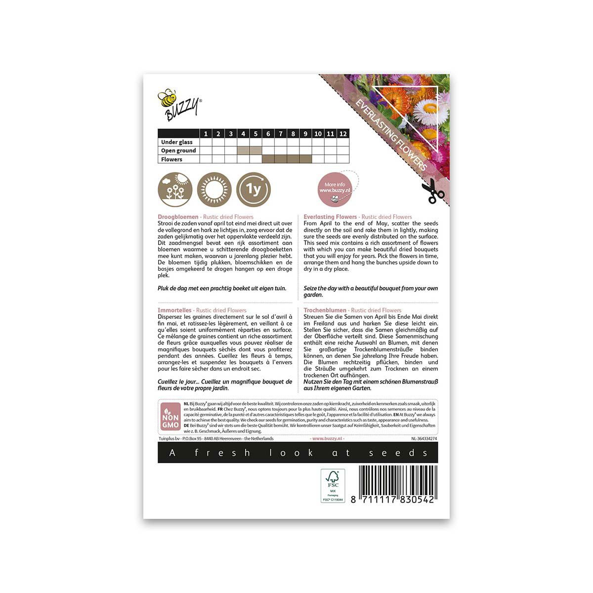 Bagside af Buzzy frøpose til flerfarvede evighedsblomster