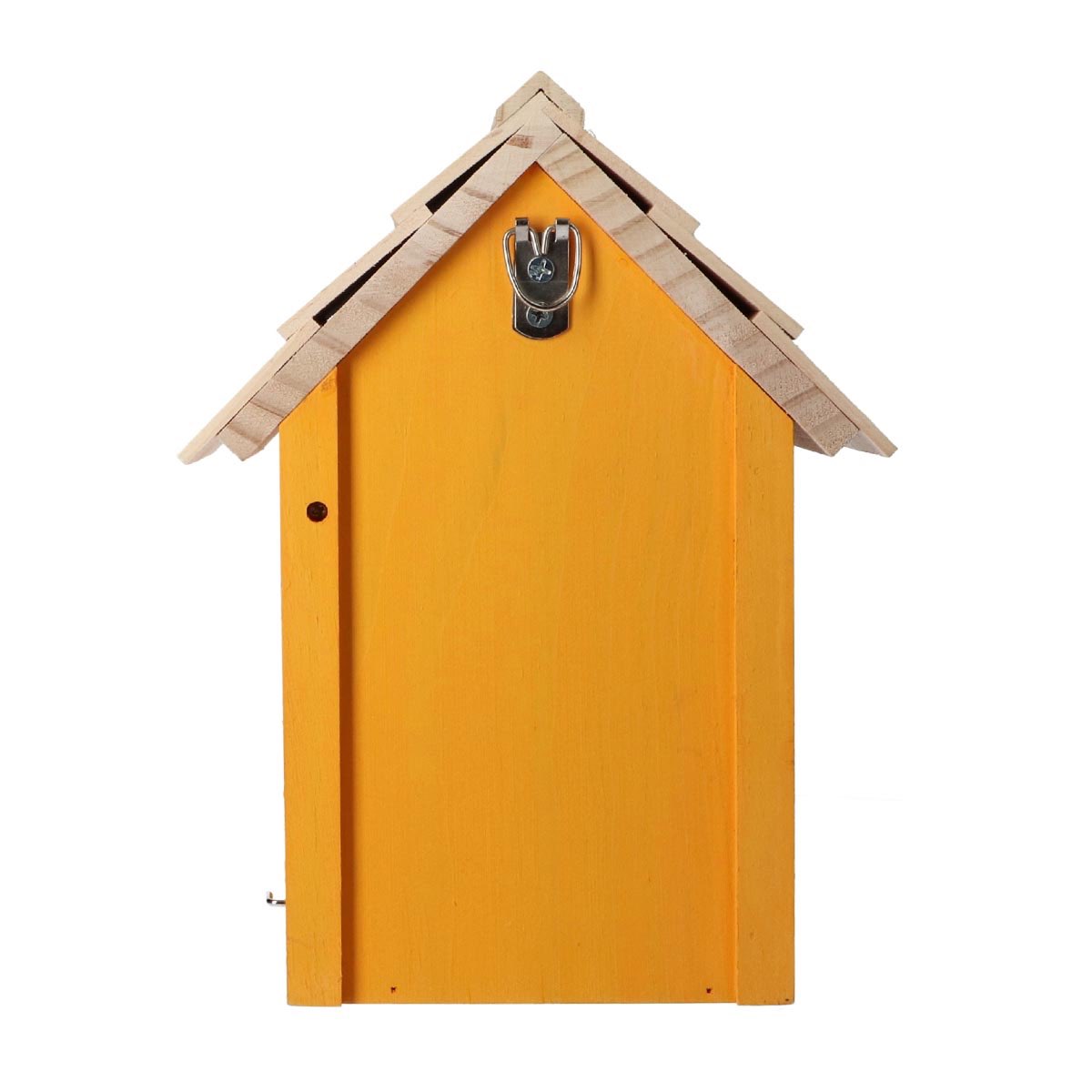 Bagpå gult træfuglehus med ophængsbeslag
