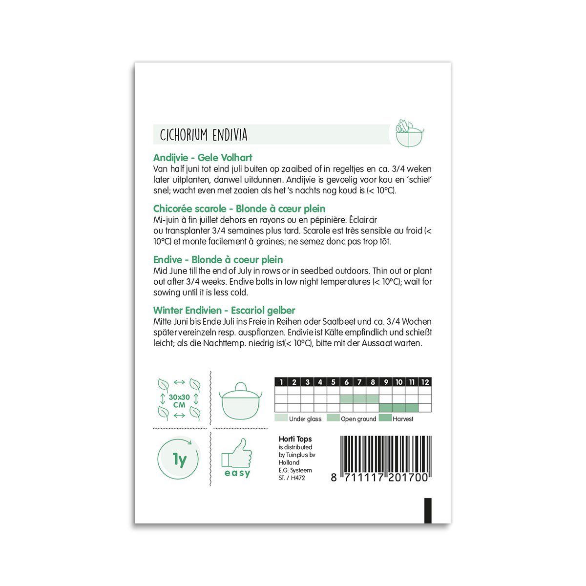 Bagside af pose med cikorie endivie frø og dyrkningsinfo