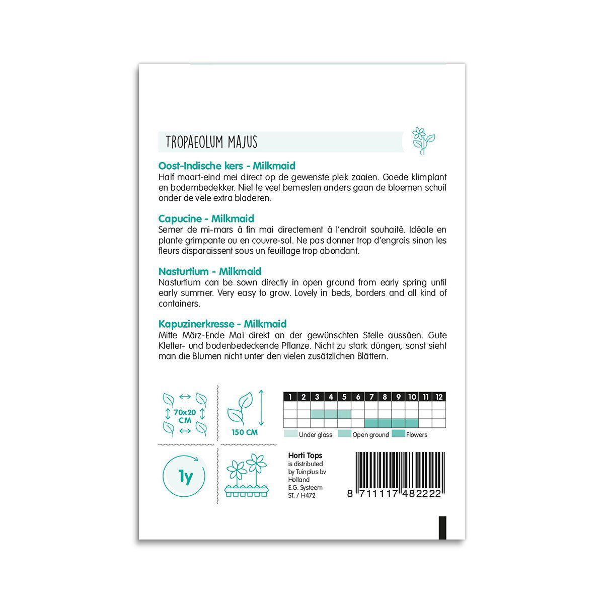 Bagside af frøpose til Tropaeolum majus Milkmaid