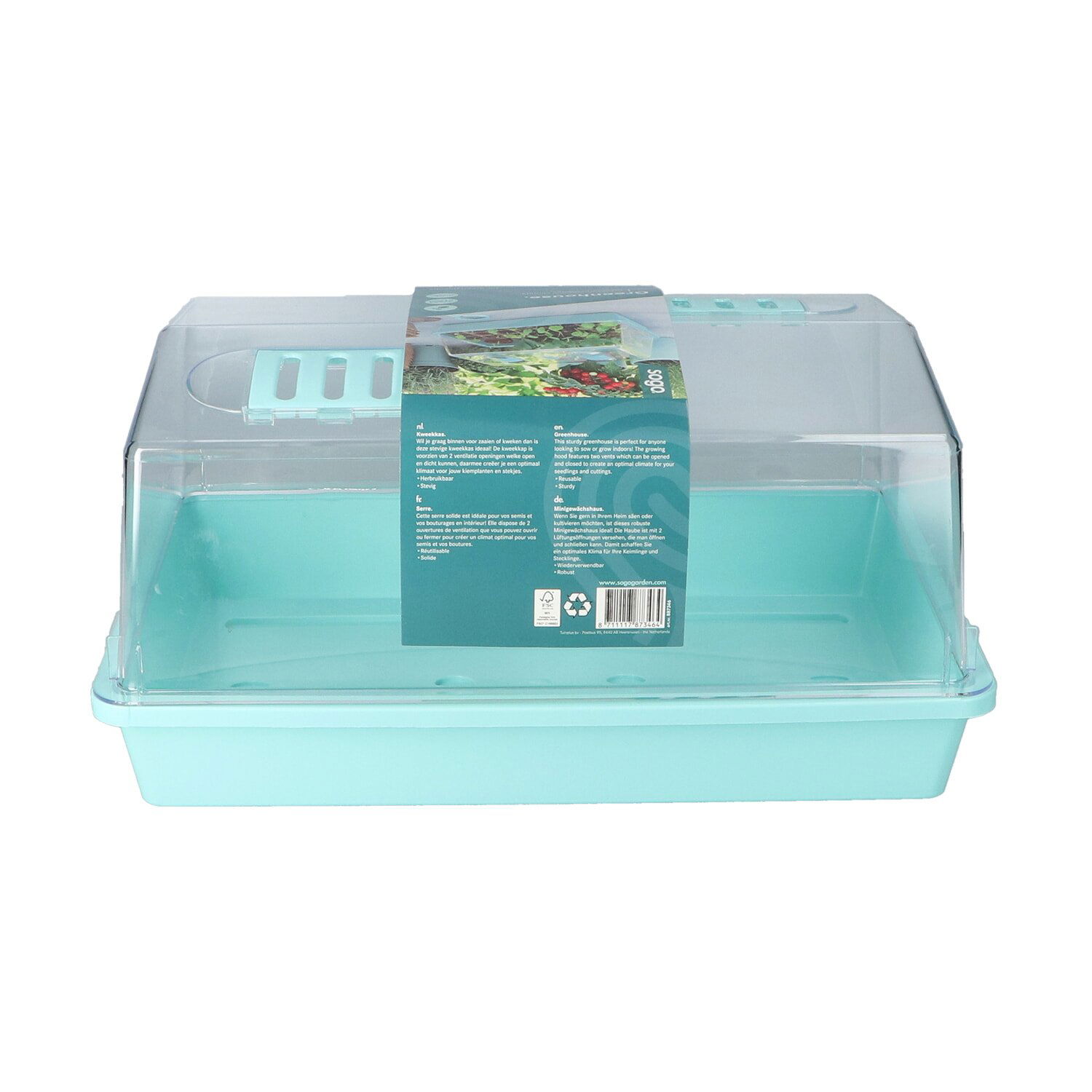 Rektangulært mini drivhus i turkis plast med klar låg