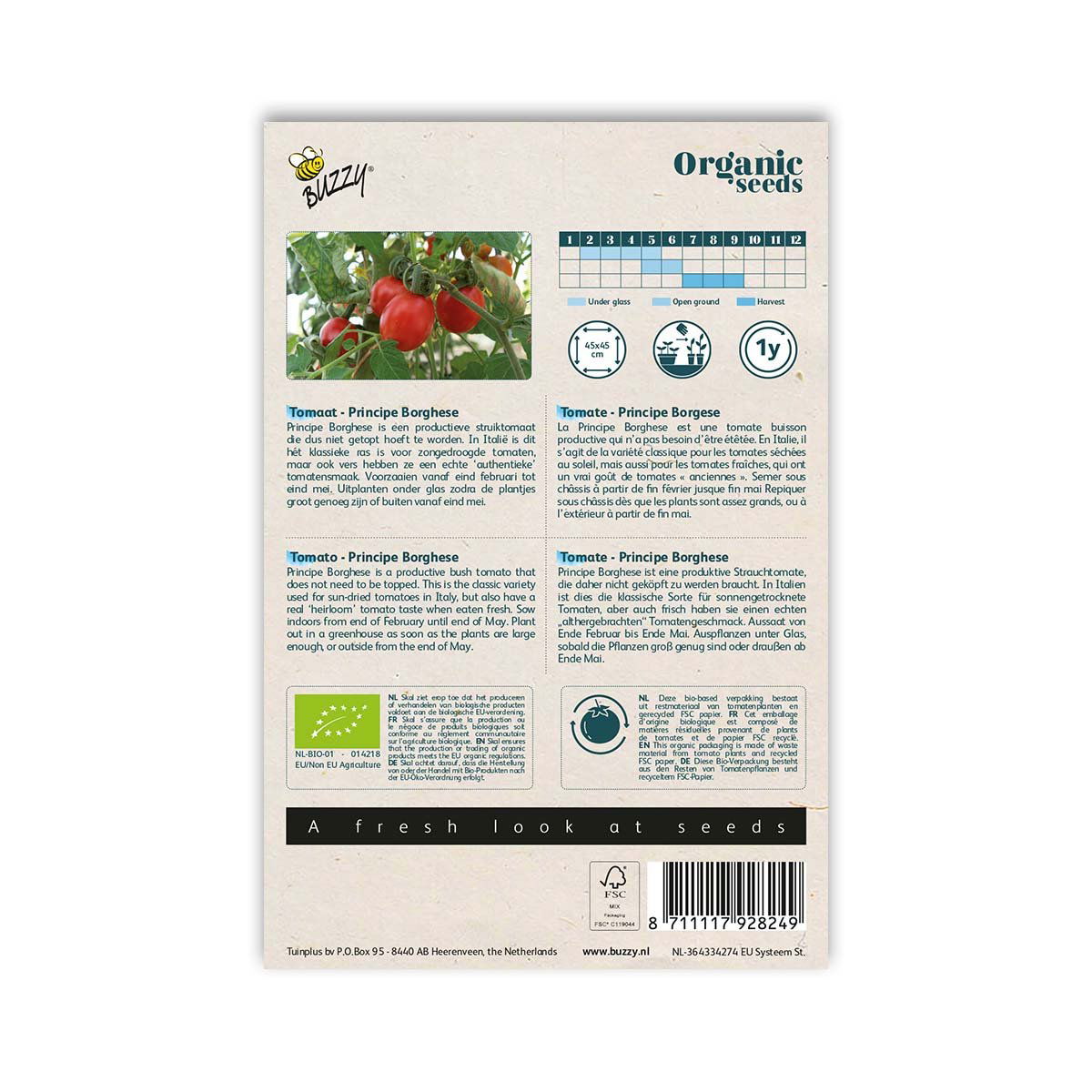 Buzzy Organic Seeds tomat Principe Borghese frøpose bagside