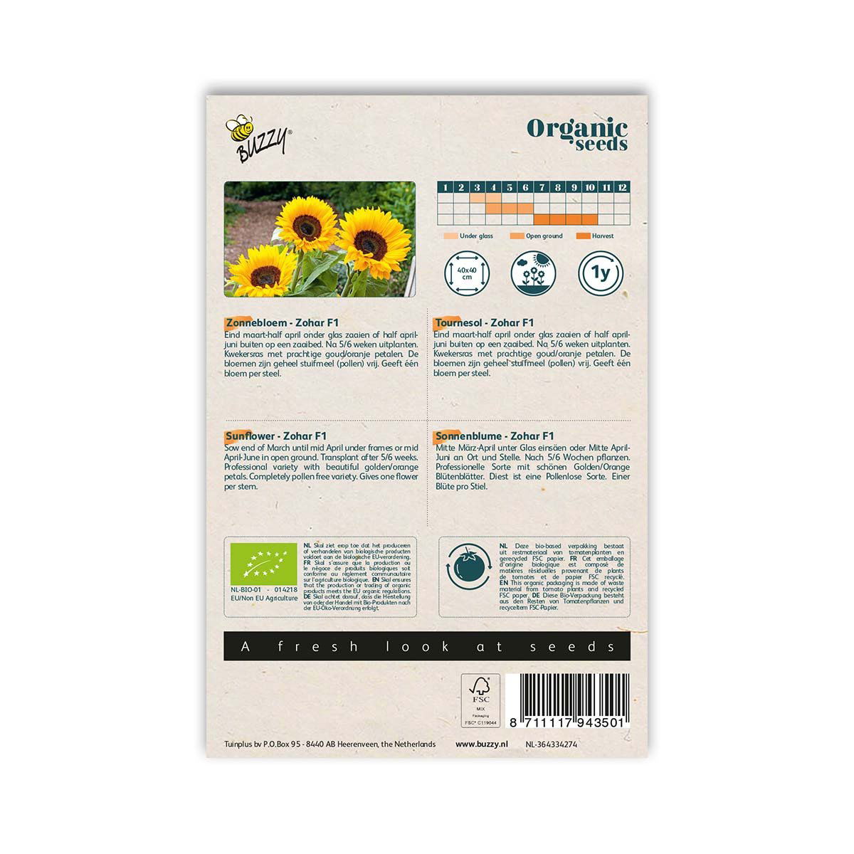 Bagside af pose med økologiske solsikkefrø Zohar F1