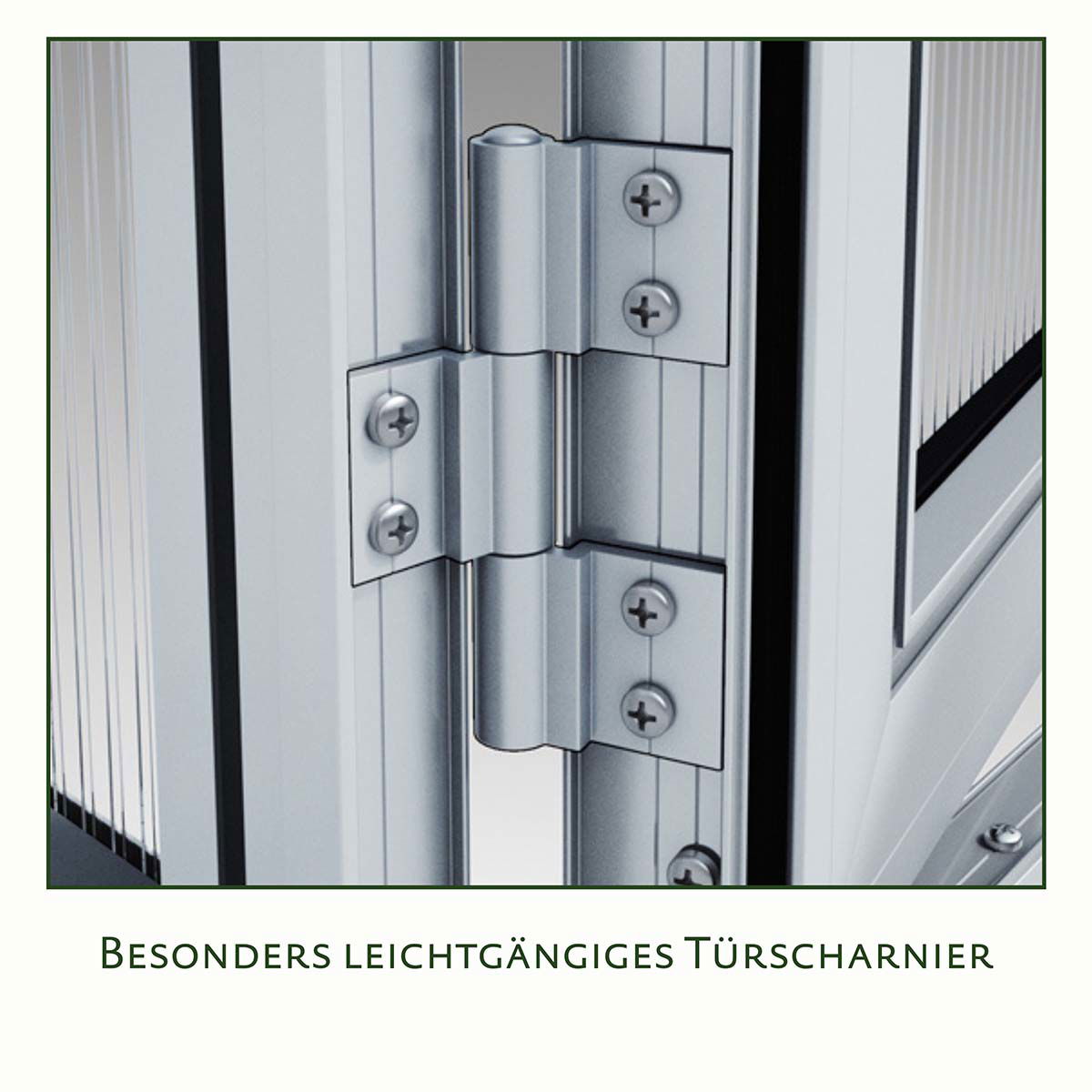 Detalje af stabilt, letløbende dørhængsel i aluminium