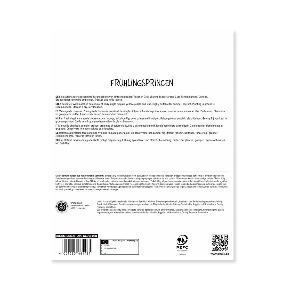 Bagside af pakke med Frühlingsprinzen tulipanløg