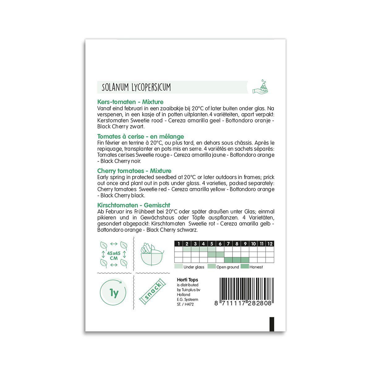 Bagside af pose med kirsebærtomat mix frø og dyrkningsinfo