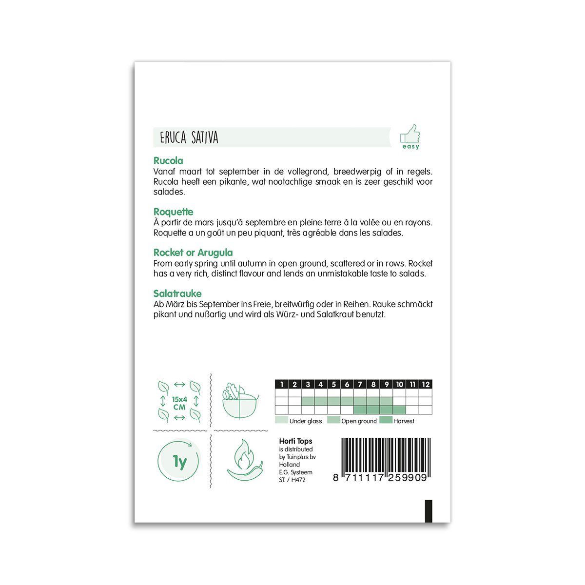 Bagside af rucola frøpose med dyrkningsinfo