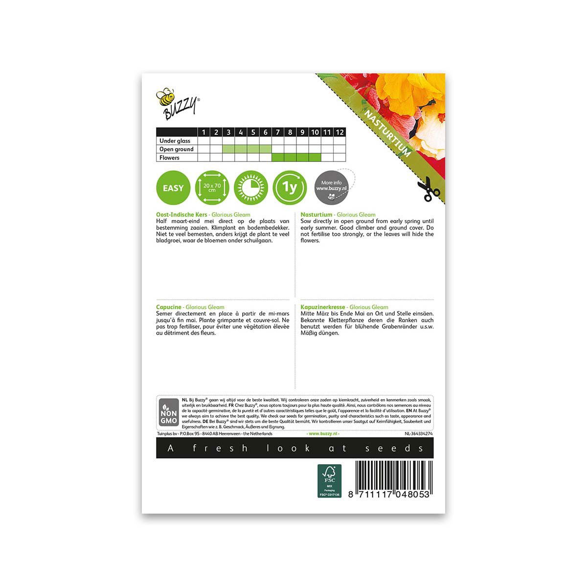 Bagside af nasturtium frøpose med såvejledning