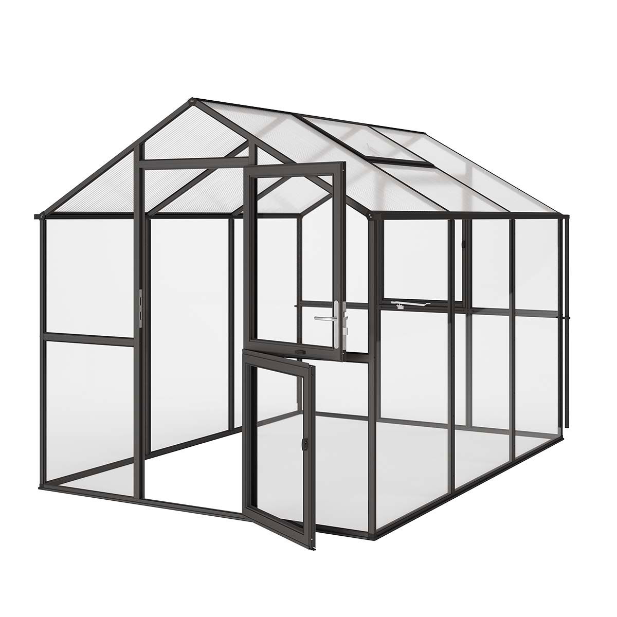 Stort sort drivhus i aluminium med dør og vindue