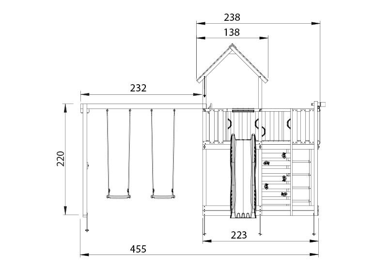 Måltegning af legetårn med dobbelt gynge og rutsjebane