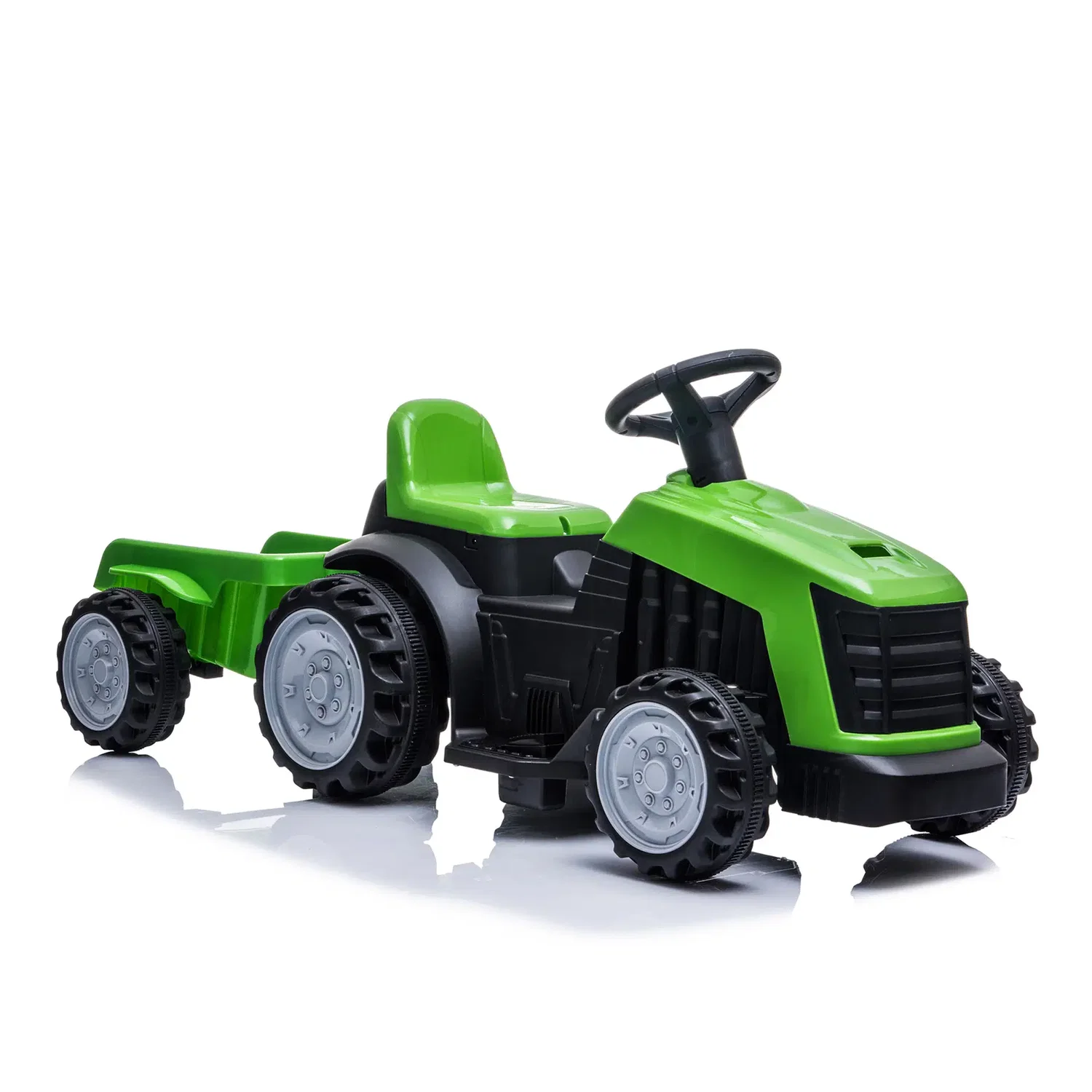 Grøn eltraktor med trailer fra NORDIC PLAY Speed, 1 x 7,4V motor, frem- og bakgear, robust hjuldesign – elektrisk kørelegetøj ideel til børn 2–6 år