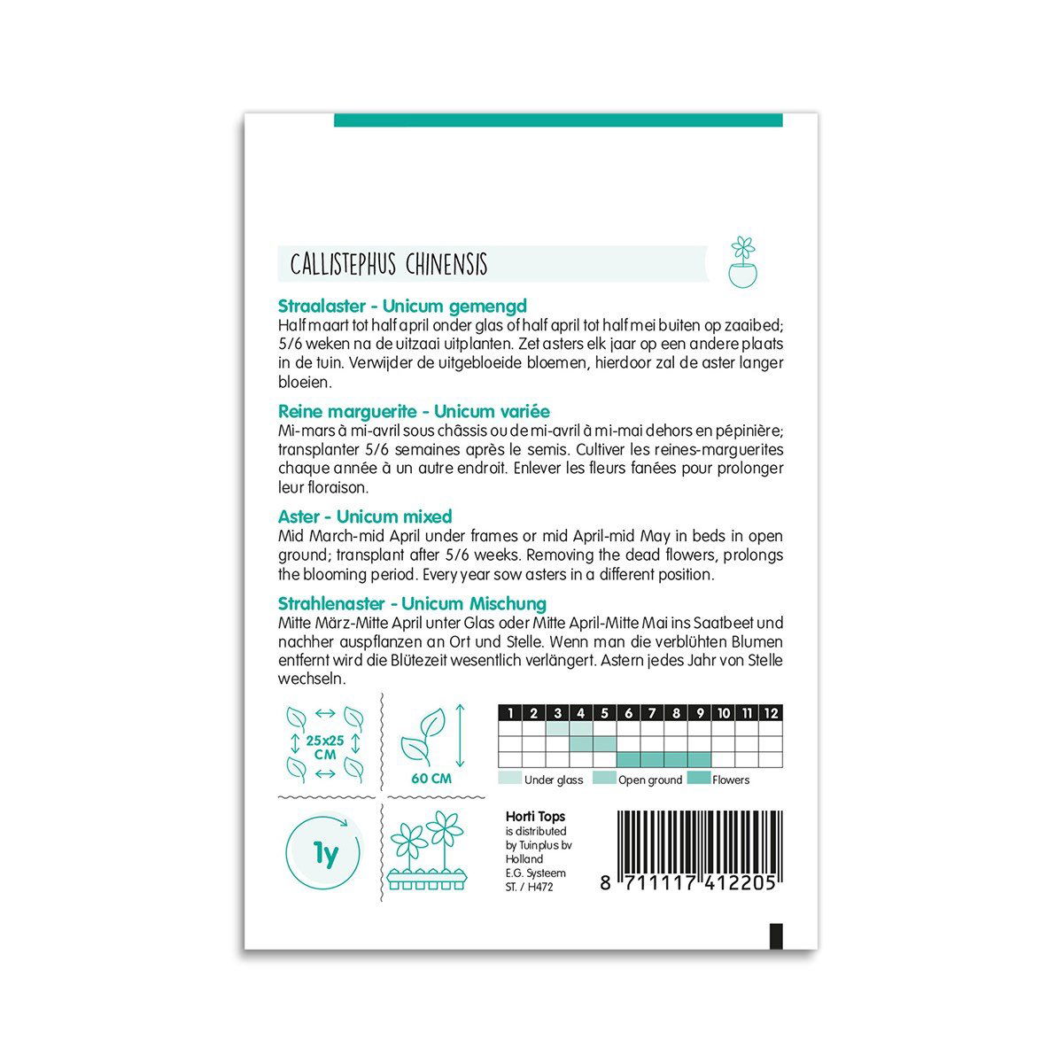 Bagside af frøpose til aster Callistephus chinensis mix